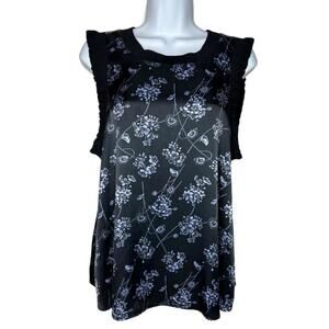 Women's Sz M Black 100% Silk Floral Patterned Top(1609)